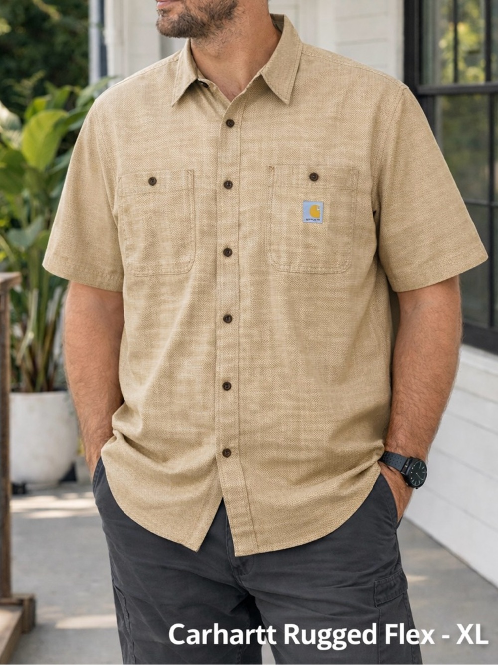 Carhartt Rugged Flex Tan Workwear Button-Up Shirt XL EUC